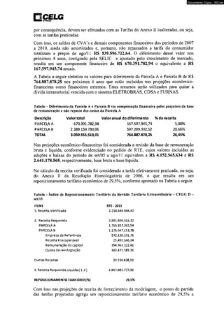 Documento Cópia - SICnet 
□ celg MSTmturçio 
por conseqüência, devem ser efetuados com as Tarifas do Anexo II inalteradas, ou seja, 
com as tarifas praticadas. 
Com isso, os saldos de CVA’s e demais componentes financeiros dos períodos de 2007 
a 2010, ainda não amortizados e, portanto, não repassados a tarifa do consumidor 
totalizam a preços de ago/11 R$ 539.596.722,64. O diferimento desse valor nos 
próximos 4 anos, corrigindo pela SELIC e ajustado pelo crescimento de mercado, 
resulta em um componente financeiro de RS 670.391.782,94 o equivalente a R$ 
167.597.945,74 anuais. 
A Tabela a seguir sintetiza os valores para diferimento da Parcela A e Parcela B de R$ 
764.887.878,25 nos próximos 4 anos que estão incluídos nas projeções econômico-financeiras 
como financeiros externos. Estes recursos serão utilizados para quitar a 
dívida intrassetorial vencida com o sistema ELETROBRÁS, CDS A e FURNAS. 
Tabela - Diferimento da Parcela A e Parcela B via compensação financeira pelos prejuízos da base 
de remuneração e não repasse dos custos da Parcela A 
Descrição Valor total Valor anual do diferimento % da receita 
PARCELA A 670.391.782,94 167.597.945,74 5,80% 
PARCELA B 2.389.159.730,06 597.289.932,52 20,66% 
TOTAL 3.059.551.513,01 764.887.878,25 26,45% 
Nas projeções econômico-financeiras foi considerada a revisão da base de remuneração 
bruta e líquida, conforme evidenciado no pedido de RTE, cujos valores incluídas as 
adições e baixas do período de set/05 a ago/11 eqüivalem a RS 4.152.565.634 e RS 
2.641.178.568, respectivamente, base bruta e base líquida. 
No cálculo da receita verificada foi considerada a tarifa efetivamente praticada, ou seja, 
do Anexo II da Resolução Homologatória de 2006, o que resulta em um 
reposicionamento tarifário econômico de 29,5%, conforme apontado na Tabela a seguir. 
Tabela - índice de Reposicionamento Tarifário da Revisão Tarifária Extraordinária - CELG D - 
set/11 
ITENS RTE-2011 
1. Receita Verificada 2.214.644.604,42 
2. Receita Requerida 2.891.404.416,32 
PARCELA A 1.716.357.262,54 
PARCELA B 1.175.047.153,78 
Empresa de Referência 572.120.101,76 
Receita Irrecuperável 25.492.140,24 
Remuneração do capitai 394.963.322,41 
Quota de reintegração 182.471.589,36 
Outras Receitas 23.538.638,93 
3. Receita Requerida Liquida { 1-2 } 2.867.865.777,38 
REPOSICIONAMENTO TARIFÁRIO (%} 29,5% 
Com isso nas projeções de receita de fornecimento da modelagem, o ponto de partida 
das tarifas projetadas agrega um reposicionamento tarifário econômico de 29,5% a 
 