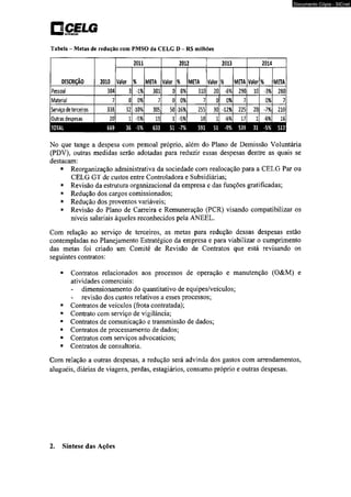 nCELG cusntwrçio 
Tabela - Metas de redução com PMSO da CELG D - RS milhões 
2011 2012 2013 2014 
DESCRIÇÃO 2010 Valor % META Valor % META Valor % META Valor % META 
Pessoal 304 3 -1% 301 0 0% 310 20; -6% 290 10 -3% 280 
Material 7 0 0% 7 0 0% 7 0 0% 71! 
0% 7 
Serviço de terceiros 338 32 -10% 305 50 -16% 255 30 -12% 225 ' 20 -7% 210 
Outras despesas 20 1 -5% 19 1 1 -5% 18 1 -6% 17 1 -6% 16 
TOTAL 669 36 -5% 633 51 ■7% 591 51 -9% 539 31 -5% 513 
No que tange a despesa com pessoal próprio, além do Plano de Demissão Voluntária 
(PDV). outras medidas serão adotadas para reduzir essas despesas dentre as quais se 
destacam: 
■ Reorganização administrativa da sociedade com realocação para a CELG Par ou 
CELG GT de custos entre Controladora e Subsidiárias; 
■ Revisão da estrutura organizacional da empresa e das funções gratificadas; 
■ Redução dos cargos comissionados: 
■ Redução dos proventos variáveis; 
■ Revisão do Plano de Carreira e Remuneração (PCR) visando compatibilizar os 
níveis salariais àqueles reconhecidos pela ANEEL. 
Com relação ao serviço de terceiros, as metas para redução dessas despesas estão 
contempladas no Planejamento Estratégico da empresa e para viabilizar o cumprimento 
das metas foi criado um Comitê de Revisão de Contratos que está revisando os 
seguintes contratos: 
■ Contratos relacionados aos processos de operação e manutenção (O&M) e 
atividades comerciais: 
dimensionamento do quantitativo de equipes/veículos; 
revisão dos custos relativos a esses processos; 
■ Contratos de veículos (frota contratada); 
■ Contrato com serviço de vigilância; 
■ Contratos de comunicação e transmissão de dados; 
■ Contratos de processamento de dados; 
■ Contratos com serviços advocatícios; 
■ Contratos de consultoria. 
Com relação a outras despesas, a redução será advinda dos gastos com arrendamentos, 
aluguéis, diárias de viagens, perdas, estagiários, consumo próprio e outras despesas. 
2. Síntese das Ações 
Documento Cópia - SICnet 
 