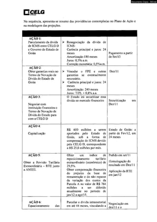□ celg sunoiaplo 
Na seqüência, apresenta-se resumo das providências contempladas no Plano de Ação e 
na modelagem das projeções. 
AÇÃO 1: 
Parcelamento da dívida 
de ICMS entre CELG D 
e Governo do Estado de 
Goiás 
> Renegociação da dívida de 
ICMS: 
Carência principal e juros: 24 
meses 
Amortização: 180 meses 
Juros: 0,5% a.m. 
Correção monetária: 0,5%a.m. 
Pagamento a partir 
de Set/13 
AÇAO 2: 
Obter garantias reais no 
Termo de Novação de 
Dívida do Estado de 
Goiás 
> Vincular o FPE e outras 
garantias se eventualmente 
necessário. 
> Carência principal e juros: 24 
meses 
Amortização: 240 meses 
Juros: TJPL + 0,8% a.a. 
Dez/l 1 
AÇÃO 3: 
Negociar com 
instituição financeira o 
Termo de Novação de 
Dívida do Estado para 
com a CELG D 
0 Estado irá securitizar essa 
dívida no mercado financeiro Securitização em 
Dez/11 
AÇAO 4: 
Capitalização 
R$ 600 milhões a serem 
aportados pelo Estado de 
Goiás, sob a forma de 
compensação do ICMS devido 
pela CELG D, correspondente 
a R$ 25,0 milhões por mês. 
Estado de Goiás: a 
partir de Fev/12, em 
24 meses 
AÇAO 5: 
Obter a Revisão Tarifária 
Extraordinária - RTE junto 
a ANEEL 
Obter um índice de 
reposicionamento tarifário 
extraordinário (econômico) de 
29,5%. 
Obter compensação financeira 
do prejuízo da base de 
remuneração e do não repasse 
da variação dos custos da 
Parcela A no valor de R$ 764 
milhões a ser diferido 
anualmente no período de 
jan/12 a ago/15. 
Pedido em set/11 
Homologação do 
resultado em Dez/l 1 
Aplicação da RTE 
em jan/12 
AÇÃO 6: 
Equacionamento das 
Parcelar a dívida intrassetorial 
em até 44 meses, vinculando a 
Negociação em 
dez/l 1 e o 
Documento Cópia - SICnet 
 