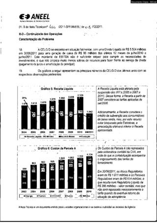 C* ANEEL 
AGCNCIA NACIONAL o f ENERGIA EtCrmcA 
(Fl. 9 da Nota Técnica n° i /2011-SFF/ANEELrde o & /12/2011. 
II1-3- Continuidade das Operações " 
Caracterização do Problema 
Documento Cópia - SICnet 
18. A CELG-D se encontraem situação falimentar, com uma Dívida Líquida de R$ 5.504 milhões 
em 30/06/2011 para uma geração de caixa de R$ 86 milhões dos últimos 12 meses de julho/2010 a 
junho/2011. Este montante de EBITDA não é suficiente sequer para cumprir as necessidades de 
investimentos, o que não propicia muito menos sobras de recursos para fazer frente ao serviço de dívida 
(pagamento de juros e amortização de principal). 
19. Os gráficos a seguir apresentam os principais números da CELG-D dos últimos anos com as 
respectivas observações pertinentes. 
A Receita Líquida está afetada pela 
suspensão dos IRT's (2005 e 2007 a 
2011). Dessa forma, a Receita a partir de 
2007 considera as tarifas aplicadas de 
set/2006. 
Adicionalmente, a Receita considera o 
crédito da subvenção aos consumidores 
de baixa renda, mas, por este recurso 
estar bloqueado pela Eletrobras, a 
arrecadação efetiva é inferior à Receita 
apresentada. 
Gráfico 5: Receita Liquida 
2.129 
2004 2005 2006 2007 2008 2009 2010 6M2011 
a Receita Líquida -R( Milhões MAcum 6 Meses -**Evolução 
Gráfico 6: Custos da Parcela A 
1.043 10 6 2 
1.112 
1.174 
903 925 
2003 2004 2005 2006 2007 2008 2009 2010 
(Energia oTransm. •CCC/CDE «Outros - R$ Milhões 
Os Custos da Parcela A são represados 
pela sistemática contábil da CVA, em 
vista de que a contabilização acompanha 
o engessamento das tarifas de 
fornecimento. 
Em 30/06/2011, os Ativos Regulatórios 
eram de R$ 1.011 milhões e os Passivos 
Regulatórios eram de R$ 614 milhões, o 
que resulta num Regulatório Líquido de 
R$ 396 milhões - valor contábil, mas que 
não será repassado necessariamente à 
tarifa quando do eventual retorno da 
situação de adimplência. 
A Nota Técnica é um documento emitido pelas unidades organizacionais e se destina a subsidiar as decisões da Agência. 
 