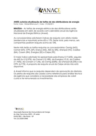ANEEL autoriza atualização de tarifas de dez distribuidoras de energia
Fonte: Valor - Rafael Bitencourt | Valor - 01/04/20...