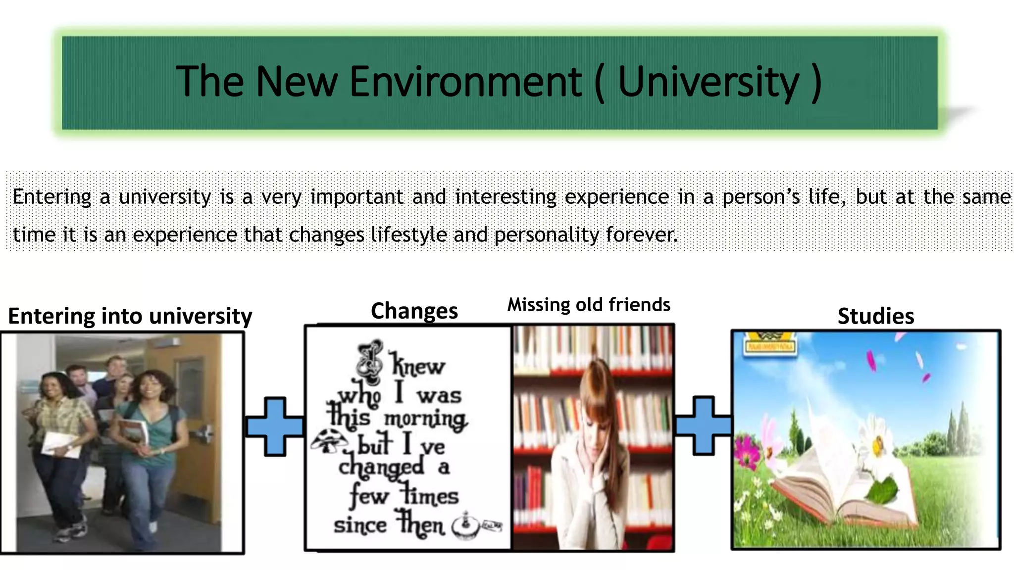 The New Environment ( University ) 
Entering a university is a very important and interesting experience in a person’s life, but at the same 
time it is an experience that changes lifestyle and personality forever. 
Entering into university Changes Missing old friends Studies 
 
