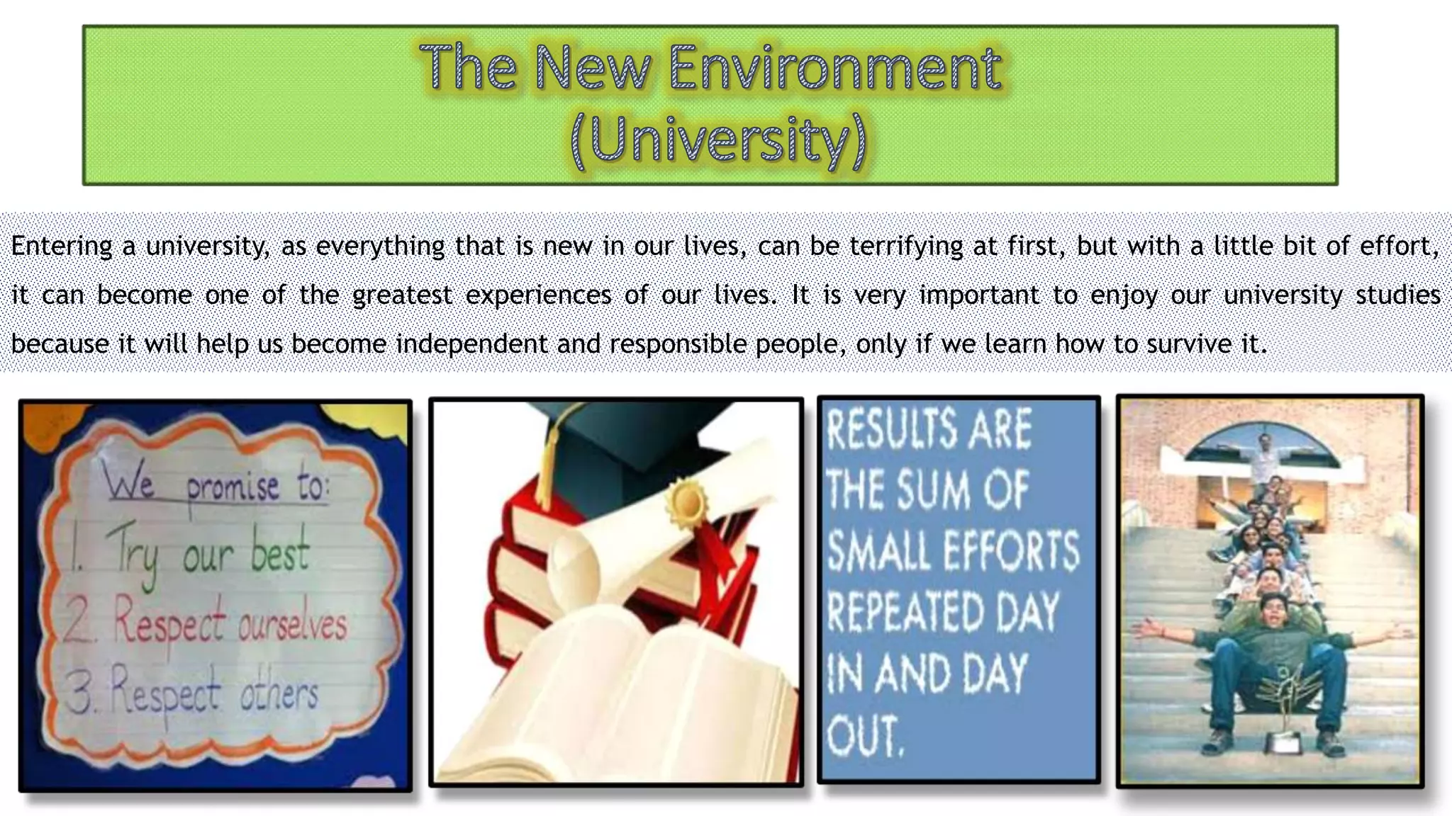 Entering a university, as everything that is new in our lives, can be terrifying at first, but with a little bit of effort, 
it can become one of the greatest experiences of our lives. It is very important to enjoy our university studies 
because it will help us become independent and responsible people, only if we learn how to survive it. 
 