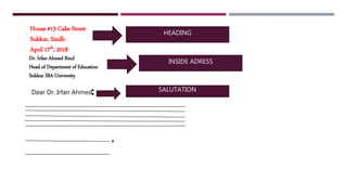 HEADING
INSIDE ADRESS
SALUTATION:
,
House #13 Cake Street
Sukkur, Sindh
April 17th, 2018
Dr. Irfan Ahmed Rind
Head of Department of Education
Sukkur IBA University
Dear Dr. Irfan Ahmed
 