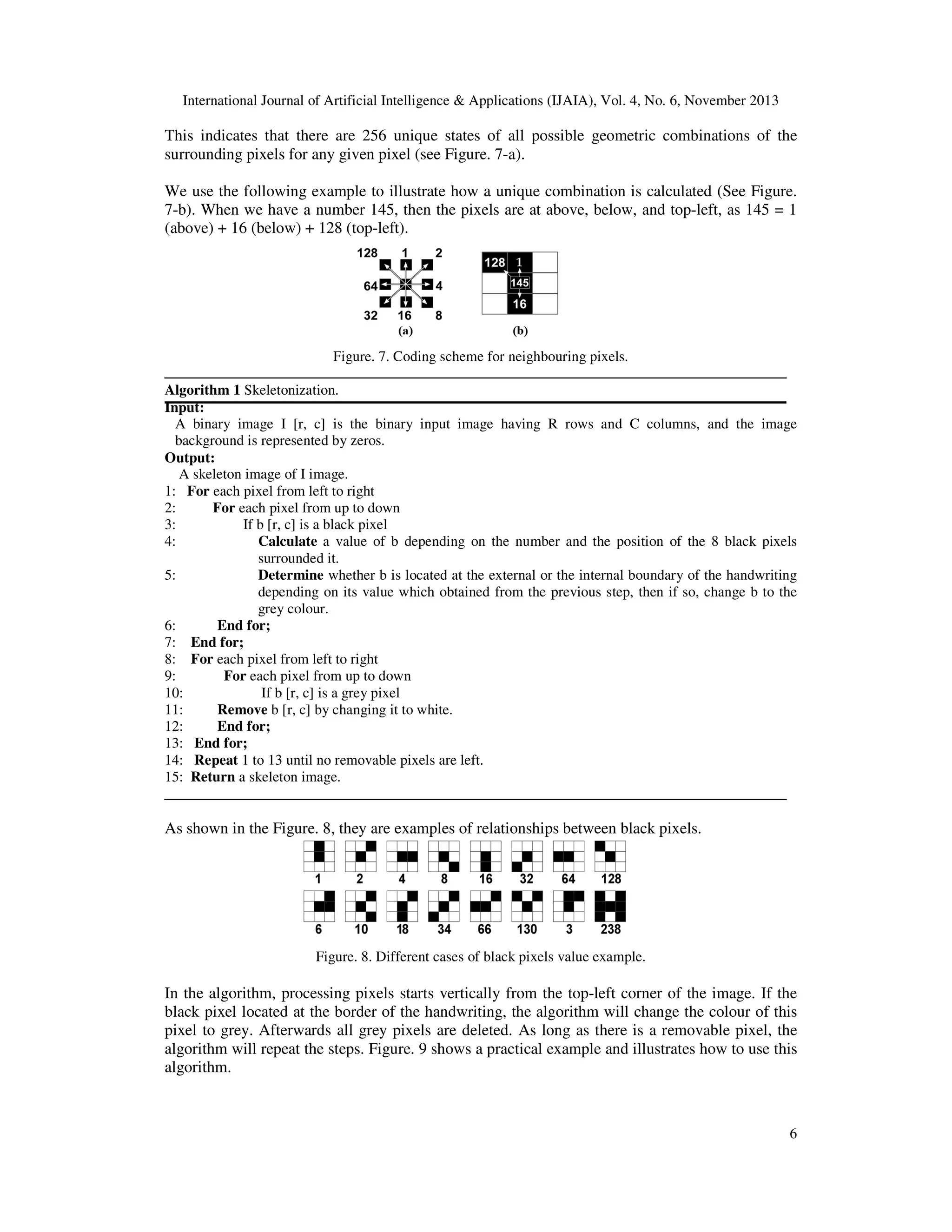 International Journal of Artificial Intelligence & Applications (IJAIA), Vol. 4, No. 6, November 2013

This indicates that there are 256 unique states of all possible geometric combinations of the
surrounding pixels for any given pixel (see Figure. 7-a).
We use the following example to illustrate how a unique combination is calculated (See Figure.
7-b). When we have a number 145, then the pixels are at above, below, and top-left, as 145 = 1
(above) + 16 (below) + 128 (top-left).

Figure. 7. Coding scheme for neighbouring pixels.
Algorithm 1 Skeletonization.
Input:
A binary image I [r, c] is the binary input image having R rows and C columns, and the image
background is represented by zeros.
Output:
A skeleton image of I image.
1: For each pixel from left to right
2:
For each pixel from up to down
3:
If b [r, c] is a black pixel
4:
Calculate a value of b depending on the number and the position of the 8 black pixels
surrounded it.
5:
Determine whether b is located at the external or the internal boundary of the handwriting
depending on its value which obtained from the previous step, then if so, change b to the
grey colour.
6:
End for;
7: End for;
8: For each pixel from left to right
9:
For each pixel from up to down
10:
If b [r, c] is a grey pixel
11:
Remove b [r, c] by changing it to white.
12:
End for;
13: End for;
14: Repeat 1 to 13 until no removable pixels are left.
15: Return a skeleton image.

As shown in the Figure. 8, they are examples of relationships between black pixels.

Figure. 8. Different cases of black pixels value example.

In the algorithm, processing pixels starts vertically from the top-left corner of the image. If the
black pixel located at the border of the handwriting, the algorithm will change the colour of this
pixel to grey. Afterwards all grey pixels are deleted. As long as there is a removable pixel, the
algorithm will repeat the steps. Figure. 9 shows a practical example and illustrates how to use this
algorithm.

6

 