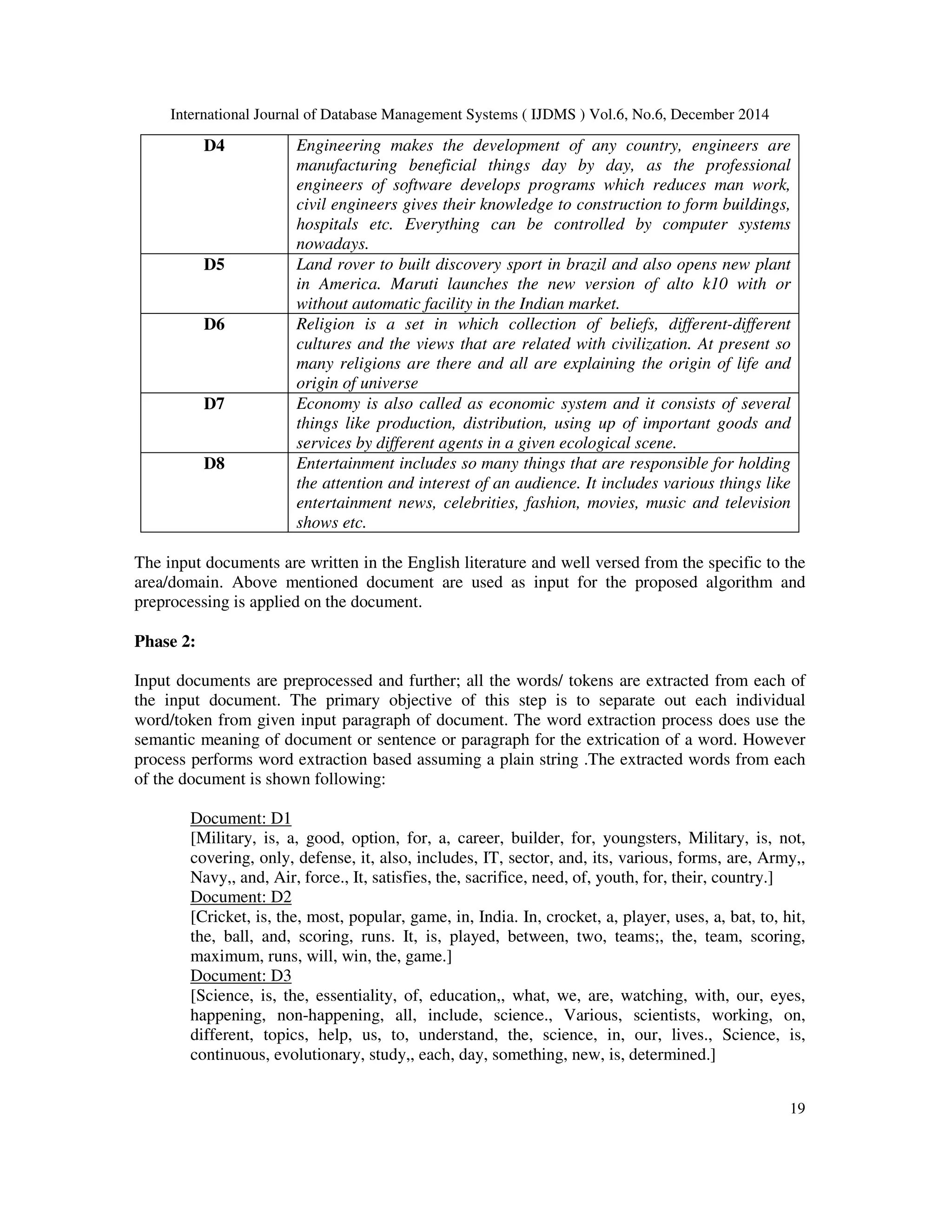 International Journal of Database Management Systems ( IJDMS ) Vol.6, No.6, December 2014 19 D4 Engineering makes the development of any country, engineers are manufacturing beneficial things day by day, as the professional engineers of software develops programs which reduces man work, civil engineers gives their knowledge to construction to form buildings, hospitals etc. Everything can be controlled by computer systems nowadays. D5 Land rover to built discovery sport in brazil and also opens new plant in America. Maruti launches the new version of alto k10 with or without automatic facility in the Indian market. D6 Religion is a set in which collection of beliefs, different-different cultures and the views that are related with civilization. At present so many religions are there and all are explaining the origin of life and origin of universe D7 Economy is also called as economic system and it consists of several things like production, distribution, using up of important goods and services by different agents in a given ecological scene. D8 Entertainment includes so many things that are responsible for holding the attention and interest of an audience. It includes various things like entertainment news, celebrities, fashion, movies, music and television shows etc. The input documents are written in the English literature and well versed from the specific to the area/domain. Above mentioned document are used as input for the proposed algorithm and preprocessing is applied on the document. Phase 2: Input documents are preprocessed and further; all the words/ tokens are extracted from each of the input document. The primary objective of this step is to separate out each individual word/token from given input paragraph of document. The word extraction process does use the semantic meaning of document or sentence or paragraph for the extrication of a word. However process performs word extraction based assuming a plain string .The extracted words from each of the document is shown following: Document: D1 [Military, is, a, good, option, for, a, career, builder, for, youngsters, Military, is, not, covering, only, defense, it, also, includes, IT, sector, and, its, various, forms, are, Army,, Navy,, and, Air, force., It, satisfies, the, sacrifice, need, of, youth, for, their, country.] Document: D2 [Cricket, is, the, most, popular, game, in, India. In, crocket, a, player, uses, a, bat, to, hit, the, ball, and, scoring, runs. It, is, played, between, two, teams;, the, team, scoring, maximum, runs, will, win, the, game.] Document: D3 [Science, is, the, essentiality, of, education,, what, we, are, watching, with, our, eyes, happening, non-happening, all, include, science., Various, scientists, working, on, different, topics, help, us, to, understand, the, science, in, our, lives., Science, is, continuous, evolutionary, study,, each, day, something, new, is, determined.] 