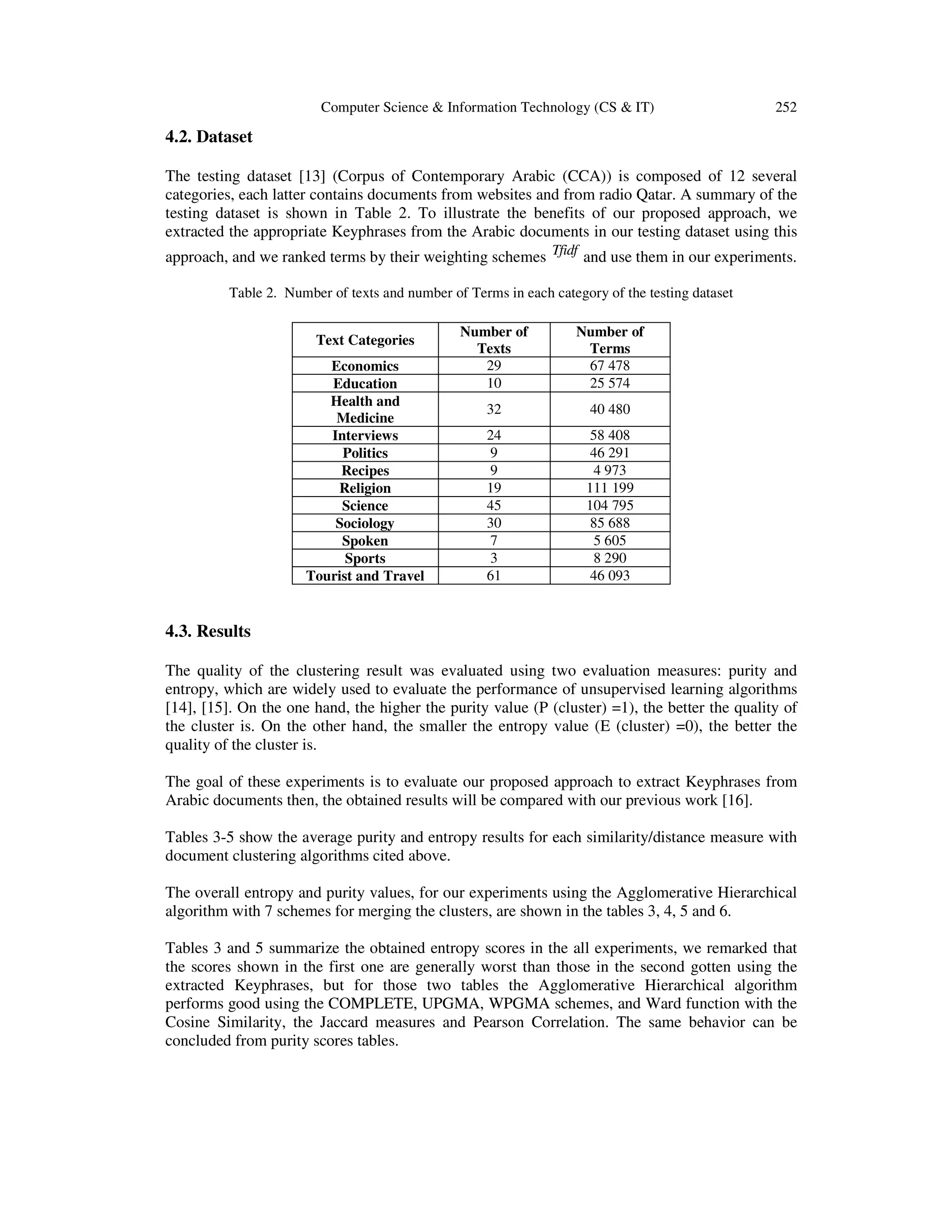 Computer Science & Information Technology (CS & IT) 252 4.2. Dataset The testing dataset [13] (Corpus of Contemporary Arabic (CCA)) is composed of 12 several categories, each latter contains documents from websites and from radio Qatar. A summary of the testing dataset is shown in Table 2. To illustrate the benefits of our proposed approach, we extracted the appropriate Keyphrases from the Arabic documents in our testing dataset using this approach, and we ranked terms by their weighting schemes Tfidf and use them in our experiments. Table 2. Number of texts and number of Terms in each category of the testing dataset Text Categories Economics Education Health and Medicine Interviews Politics Recipes Religion Science Sociology Spoken Sports Tourist and Travel Number of Texts 29 10 Number of Terms 67 478 25 574 32 40 480 24 9 9 19 45 30 7 3 61 58 408 46 291 4 973 111 199 104 795 85 688 5 605 8 290 46 093 4.3. Results The quality of the clustering result was evaluated using two evaluation measures: purity and entropy, which are widely used to evaluate the performance of unsupervised learning algorithms [14], [15]. On the one hand, the higher the purity value (P (cluster) =1), the better the quality of the cluster is. On the other hand, the smaller the entropy value (E (cluster) =0), the better the quality of the cluster is. The goal of these experiments is to evaluate our proposed approach to extract Keyphrases from Arabic documents then, the obtained results will be compared with our previous work [16]. Tables 3-5 show the average purity and entropy results for each similarity/distance measure with document clustering algorithms cited above. The overall entropy and purity values, for our experiments using the Agglomerative Hierarchical algorithm with 7 schemes for merging the clusters, are shown in the tables 3, 4, 5 and 6. Tables 3 and 5 summarize the obtained entropy scores in the all experiments, we remarked that the scores shown in the first one are generally worst than those in the second gotten using the extracted Keyphrases, but for those two tables the Agglomerative Hierarchical algorithm performs good using the COMPLETE, UPGMA, WPGMA schemes, and Ward function with the Cosine Similarity, the Jaccard measures and Pearson Correlation. The same behavior can be concluded from purity scores tables. 