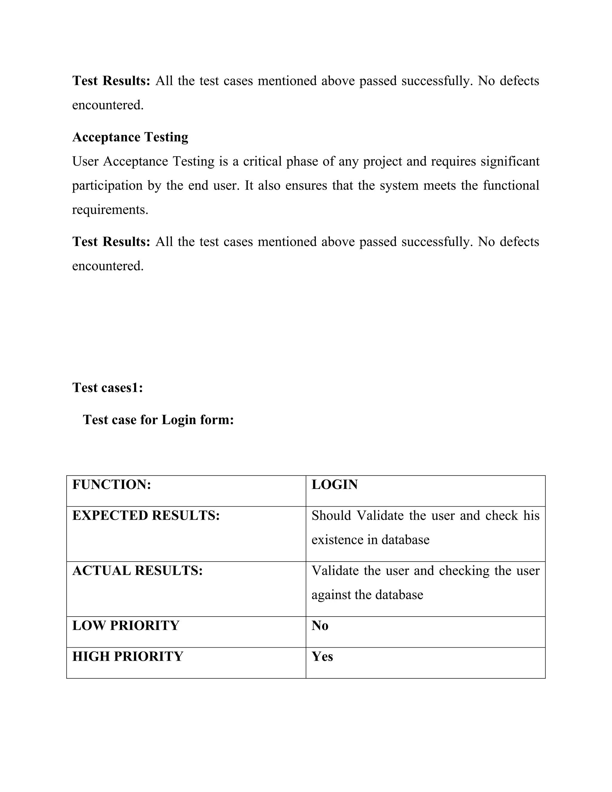 Test Results: All the test cases mentioned above passed successfully. No defects
encountered.
Acceptance Testing
User Acceptance Testing is a critical phase of any project and requires significant
participation by the end user. It also ensures that the system meets the functional
requirements.
Test Results: All the test cases mentioned above passed successfully. No defects
encountered.
Test cases1:
Test case for Login form:
FUNCTION: LOGIN
EXPECTED RESULTS: Should Validate the user and check his
existence in database
ACTUAL RESULTS: Validate the user and checking the user
against the database
LOW PRIORITY No
HIGH PRIORITY Yes
 