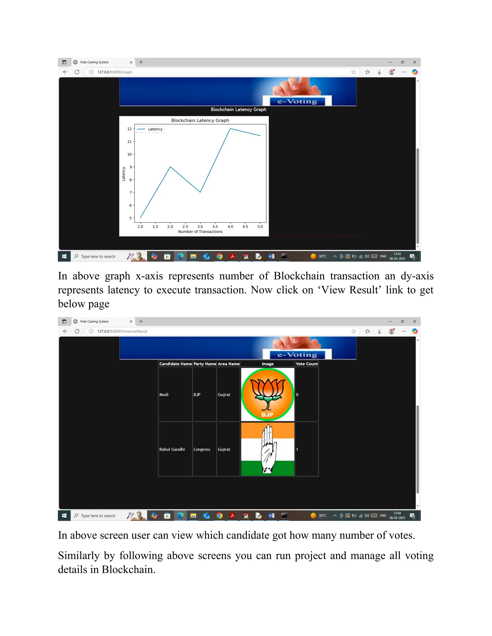 In above graph x-axis represents number of Blockchain transaction an dy-axis
represents latency to execute transaction. Now click on ‘View Result’ link to get
below page
In above screen user can view which candidate got how many number of votes.
Similarly by following above screens you can run project and manage all voting
details in Blockchain.
 