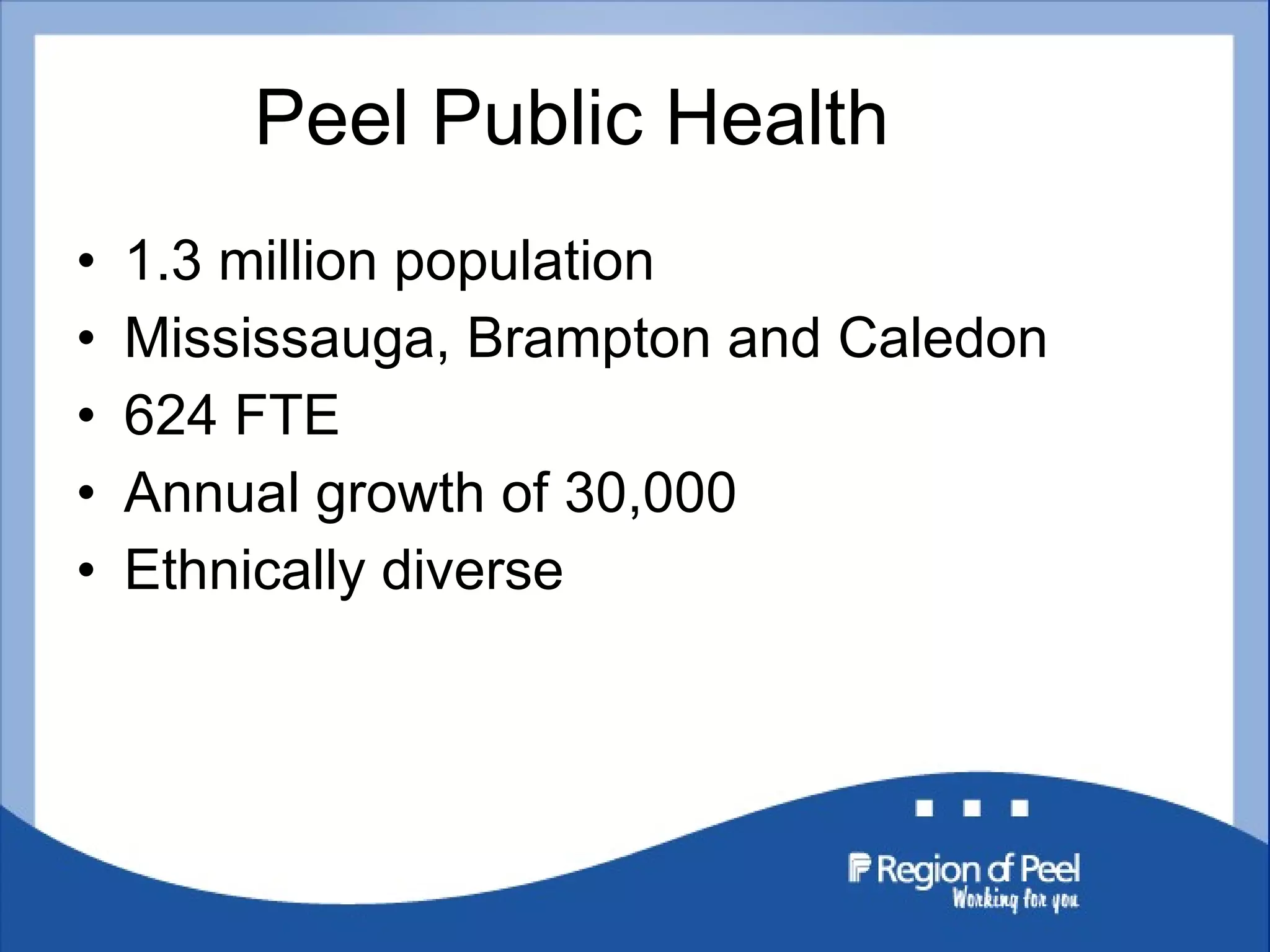 Peel Public Health 1.3 million population Mississauga, Brampton and Caledon 624 FTE Annual growth of 30,000  Ethnically diverse 