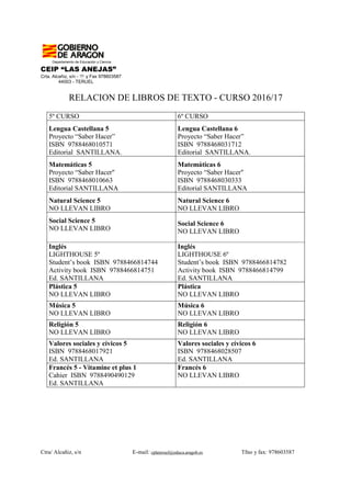 Departamento de Educación y Ciencia
CEIP “LAS ANEJAS”
Crta. Alcañiz, s/n - ℡ y Fax 978603587
44003 - TERUEL
Ctra/ Alcañiz, s/n E-mail: cplateruel@educa.aragob.es Tfno y fax: 978603587
RELACION DE LIBROS DE TEXTO - CURSO 2016/17
5º CURSO 6º CURSO
Lengua Castellana 5
Proyecto “Saber Hacer”
ISBN 9788468010571
Editorial SANTILLANA.
Lengua Castellana 6
Proyecto “Saber Hacer”
ISBN 9788468031712
Editorial SANTILLANA.
Matemáticas 5
Proyecto “Saber Hacer"
ISBN 9788468010663
Editorial SANTILLANA
Matemáticas 6
Proyecto “Saber Hacer"
ISBN 9788468030333
Editorial SANTILLANA
Natural Science 5
NO LLEVAN LIBRO
Natural Science 6
NO LLEVAN LIBRO
Social Science 5
NO LLEVAN LIBRO
Social Science 6
NO LLEVAN LIBRO
Inglés
LIGHTHOUSE 5º
Student’s book ISBN 9788466814744
Activity book ISBN 9788466814751
Ed. SANTILLANA
Inglés
LIGHTHOUSE 6º
Student’s book ISBN 9788466814782
Activity book ISBN 9788466814799
Ed. SANTILLANA
Plástica 5
NO LLEVAN LIBRO
Plástica
NO LLEVAN LIBRO
Música 5
NO LLEVAN LIBRO
Música 6
NO LLEVAN LIBRO
Religión 5
NO LLEVAN LIBRO
Religión 6
NO LLEVAN LIBRO
Valores sociales y cívicos 5
ISBN 9788468017921
Ed. SANTILLANA
Valores sociales y cívicos 6
ISBN 9788468028507
Ed. SANTILLANA
Francés 5 - Vitamine et plus 1
Cahier ISBN 9788490490129
Ed. SANTILLANA
Francés 6
NO LLEVAN LIBRO
 
