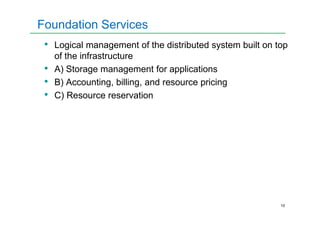 Foundation Services
• Logical management of the distributed system built on top
of the infrastructure
• A) Storage management for applications
• B) Accounting, billing, and resource pricing
• C) Resource reservation
10
 