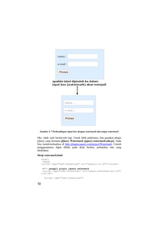 Gambar 4.7 Perbandingan input box dengan watermark dan tanpa watermark

Oke, tidak usah bertela-tele lagi. Untuk lebih praktisnya, kita gunakan plugin
jQuery yang bernama jQuery Watermark (jquery.watermark.min.js), Anda
bisa mendownloadnya di http://plugins.jquery.com/project/Watermark. Contoh
penggunaannya dapat dilihat pada skrip berikut, perhatikan teks yang
ditebalkan:
Skrip watermark.html
     <html>
      <head>
     <script type="text/javascript" src="jquery-1.4.js"></script>

      <!-- panggil plugin jquery watermark
      <script type="text/javascript" src="jquery.watermark.min.js">
     </script>

      <script type="text/javascript">

10
 