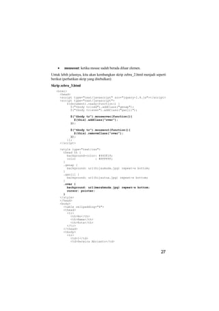 •     mouseout: ketika mouse sudah berada diluar elemen.
Untuk lebih jelasnya, kita akan kembangkan skrip zebra_2.html menjadi seperti
berikut (perhatikan skrip yang ditebalkan):
Skrip zebra_3.html
   <html>
     <head>
     <script type="text/javascript" src="jquery-1.4.js"></script>
     <script type="text/javascript">
         $(document).ready(function() {
           $("tbody tr:odd").addClass("genap");
           $("tbody tr:even").addClass("ganjil");

             $("tbody tr").mouseover(function(){
               $(this).addClass("over");
             });

              $("tbody tr").mouseout(function(){
                $(this).removeClass("over");
              });
            });
        </script>

        <style type="text/css">
          thead th {
            background-color: #44D818;
            color           : #FFFFFF;
          }
          .genap {
            background: url(hijaumuda.jpg) repeat-x bottom;
          }
          .ganjil {
            background: url(hijautua.jpg) repeat-x bottom;
          }
          .over {
            background: url(merahmuda.jpg) repeat-x bottom;
            cursor: pointer;
          }
        </style>
        </head>
        <body>
          <table cellpadding="4">
          <thead>
            <tr>
              <th>No</th>
              <th>Nama</th>
              <th>Kota</th>
            </tr>
          </thead>
          <tbody>
            <tr>
              <td>1</td>
              <td>Perwira Abrianto</td>


                                                                         27
 