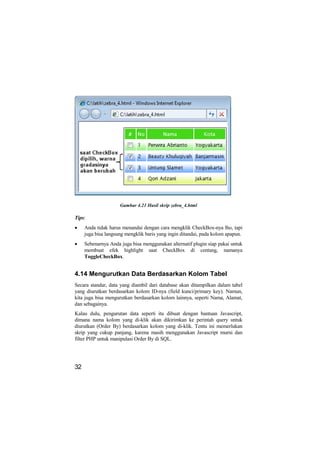 Gambar 4.21 Hasil skrip zebra_4.html

Tips:
•    Anda tidak harus menandai dengan cara mengklik CheckBox-nya lho, tapi
     juga bisa langsung mengklik baris yang ingin ditandai, pada kolom apapun.
•    Sebenarnya Anda juga bisa menggunakan alternatif plugin siap pakai untuk
     membuat efek highlight saat CheckBox di centang, namanya
     ToggleCheckBox.


4.14 Mengurutkan Data Berdasarkan Kolom Tabel
Secara standar, data yang diambil dari database akan ditampilkan dalam tabel
yang diurutkan berdasarkan kolom ID-nya (field kunci/primary key). Namun,
kita juga bisa mengurutkan berdasarkan kolom lainnya, seperti Nama, Alamat,
dan sebagainya.
Kalau dulu, pengurutan data seperti itu dibuat dengan bantuan Javascript,
dimana nama kolom yang di-klik akan dikirimkan ke perintah query untuk
diurutkan (Order By) berdasarkan kolom yang di-klik. Tentu ini memerlukan
skrip yang cukup panjang, karena masih menggunakan Javascript murni dan
filter PHP untuk manipulasi Order By di SQL.




32
 