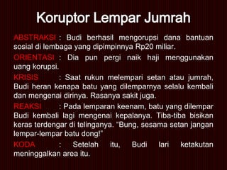 ABSTRAKSI : Budi berhasil mengorupsi dana bantuan 
sosial di lembaga yang dipimpinnya Rp20 miliar. 
ORIENTASI : Dia pun pergi naik haji menggunakan 
uang korupsi. 
KRISIS : Saat rukun melempari setan atau jumrah, 
Budi heran kenapa batu yang dilemparnya selalu kembali 
dan mengenai dirinya. Rasanya sakit juga. 
REAKSI : Pada lemparan keenam, batu yang dilempar 
Budi kembali lagi mengenai kepalanya. Tiba-tiba bisikan 
keras terdengar di telinganya. “Bung, sesama setan jangan 
lempar-lempar batu dong!” 
KODA : Setelah itu, Budi lari ketakutan 
meninggalkan area itu. 
 