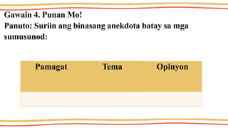 Gawain 4. Punan Mo!
Panuto: Suriin ang binasang anekdota batay sa mga
sumusunod:
Pamagat Tema Opinyon
 