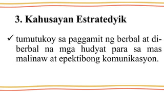 3. Kahusayan Estratedyik
 tumutukoy sa paggamit ng berbal at di-
berbal na mga hudyat para sa mas
malinaw at epektibong komunikasyon.
 