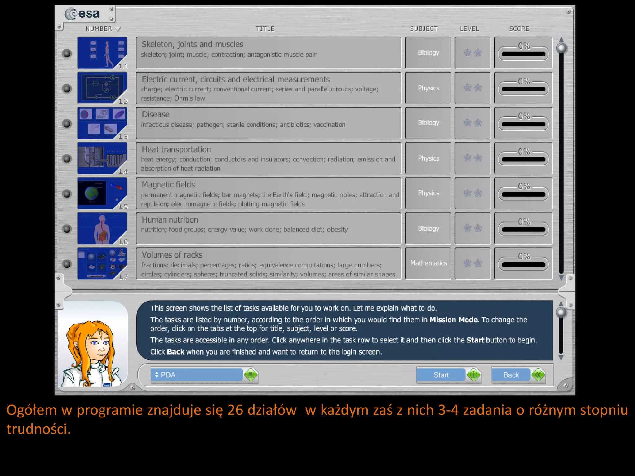 Ogółem w programie znajduje się 26 działów w każdym zaś z nich 3-4 zadania o różnym stopniu
trudności.
 