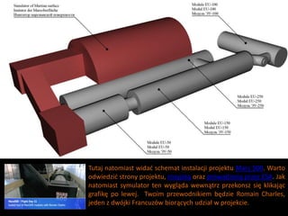 Tutaj natomiast widad schemat instalacji projektu Mars 500. Warto
odwiedzid strony projektu, rosyjską oraz prowadzoną przez ESA. Jak
natomiast symulator ten wygląda wewnątrz przekonsz się klikając
grafikę po lewej. Twoim przewodnikiem będzie Romain Charles,
jeden z dwójki Francuzów biorących udział w projekcie.
 
