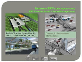Sistemas BRT’s (Bus Rapid Transit)
                        BRT Avenida Brasil – TransMetropolitano




Projeto Terminal Margaridas (Km        Concepção das estações
Zero - Dutra) e Missões (BR 040)       intermediárias
 