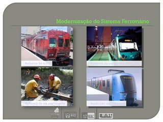 Modernização do Sistema Ferroviário




• Reforma 94 trens               • Reforma da via aérea e de tração




• Reforma da via pernanente      • Aquisição de 120 trens
 