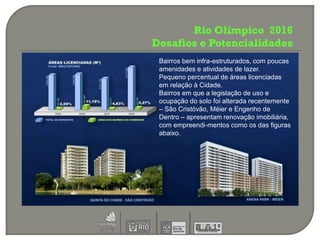 Rio Olímpico 2016
Desafios e Potencialidades
 Bairros bem infra-estruturados, com poucas
 amenidades e atividades de lazer.
 Pequeno percentual de áreas licenciadas
 em relação à Cidade.
 Bairros em que a legislação de uso e
 ocupação do solo foi alterada recentemente
 – São Cristóvão, Méier e Engenho de
 Dentro – apresentam renovação imobiliária,
 com empreendi-mentos como os das figuras
 abaixo.
 