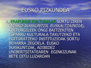 EUSKO PIZKUNDEA 2)  ERAKUNDE KULTURALAK  SORTU ZIREN ( EUSKO IKASKUNTZA ,  EUSKALTZAINDIA ), KULTURGILEEK ONGI BAITZEKITEN ESPARRU KULTURALA TAXUTZEKO ETA EGITURATZEKO INSTITUZIOAK SORTU BEHARRA ZEGOELA. EUSKO IKASKUNTZAK, ADIBIDEZ UNIBERTSITATEAREN  EGINKIZUNAK BETE DITU LUZAROAN 