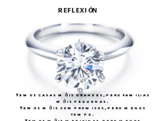 R EF L EXI ÓN




T e m o s c a s a s m á i s g r a n d e s , p e r o fa m i li a s
                   m áis p e q u e n as.
  Te m o s m á i s c o m p ro m i s o s , p e ro m e n o s
                          te m p o .
 