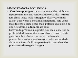 IMPORTÂNCIA ECOLÓGICA:
• Vermicompostagem os excrementos das minhocas
  representam um estupendo adubo orgânico húmus
  tem cinco vezes mais nitrogênio, duas vezes mais
  cálcio, duas vezes e meia mais magnésio, sete vezes
  mais fósforo e onze vezes mais potássio que o solo de
  onde é extraído adubação do solo.
• Escavando próximo à superfície ou até a 2 metros de
  profundidade, as minhocas constroem uma rede de
  galerias subterrâneas que deixa o solo mais
  poroso, leve, solto, arejado e com maior capacidade
  de reter a água facilita a penetração das raízes das
  plantas e a drenagem da água.
 