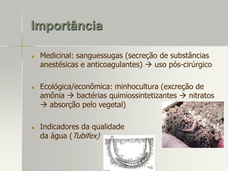 Importância






Medicinal: sanguessugas (secreção de substâncias
anestésicas e anticoagulantes)  uso pós-cirúrgico
Ecológica/econômica: minhocultura (excreção de
amônia  bactérias quimiossintetizantes  nitratos
 absorção pelo vegetal)
Indicadores da qualidade
da água (Tubifex)

 