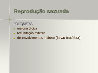 Reprodução sexuada
POLIQUETAS

maioria dióica

fecundação externa

desenvolvimentos indireto (larva: trocófora)

 