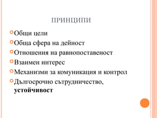 ПРИНЦИПИ
Общи цели
Обща сфера на дейност
Отношения на равнопоставеност
Взаимен интерес
Механизми за комуникация и контрол
Дългосрочно сътрудничество,
устойчивост
 