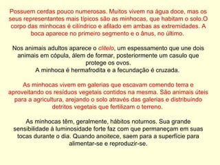 Possuem cerdas pouco numerosas. Muitos vivem na água doce, mas os seus representantes mais típicos são as minhocas, que habitam o solo.O corpo das minhocas é cilíndrico e afilado em ambas as extremidades. A boca aparece no primeiro segmento e o ânus, no último.  Nos animais adultos aparece o  clitelo , um espessamento que une dois animais em cópula, álem de formar, posteriormente um casulo que protege os ovos. A minhoca é hermafrodita e a fecundação é cruzada.  As minhocas vivem em galerias que escavam comendo terra e aproveitando os resíduos vegetais contidos na mesma. São animais úteis para a agricultura, arejando o solo através das galerias e distribuindo detritos vegetais que fertilizam o terreno.  As minhocas têm, geralmente, hábitos noturnos. Sua grande sensibilidade à luminosidade forte faz com que permaneçam em suas tocas durante o dia. Quando anoitece, saem para a superfície para alimentar-se e reproduzir-se. 