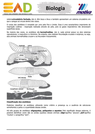 Biologia
sistemacirculatório fechado, isto é, têm boca e ânus e também apresentam um sistema circulatório em
que o sangue só circula dentro dos vasos.
O corpo dos anelídeos é revestido por uma pele fina e úmida. Essa é uma característica importante da
respiração cutânea - respiração realizada através da pele, pois os gases respiratórios não atravessam
superfícies secas.
Na maioria das vezes, os anelídeos são hermafroditas, isto é, cada animal possui os dois sistemas
reprodutores: o masculino e o feminino. No entanto, eles realizam fecundação cruzada e recíproca, ou seja,
dois animais hermafroditas cruzam e se fecundam mutuamente.

Classificação dos anelídeos
Podemos classificar os anelídeos utilizando como critério a presença ou a ausência de estruturas
semelhantes a pelos e a quantidade dessas cerdas.
Há três grupos de anelídeos: oligoquetos, poliquetos e aquetos. Pelo significado dessas palavras, é
possível identificar como são as cerdas (quetos) desses animais: oligo significa "poucos"; poli significa
"muitos"; e a significa "sem".

2

 