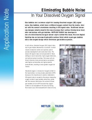 In cell culture, dissolved oxygen (DO) signal noise
due to gas bubble interference is common in small
volume bioreactors which are typically used in
process development and scale-down labs. The
reason DO signal noise is most prevalent in these
settings is due to dynamics, high oxygen demands,
and vertical sensor mounting. This issue will con-
tinue to become more pronounced as processes
yield higher cell densities and higher specific
productivities, resulting in even greater oxygen de-
mands.
Dissolved oxygen, a measure of oxygen content in
the liquid phase, is a key process parameter (KPP)
because of its importance in aerobic metabolism.
DO signal noise is caused by the sensor measuring
oxygen content in gas bubbles when they collide
with the sensors membrane; the content of these
gas bubbles is not a KPP because this oxygen
content is not accessible to the cells. By having
this noise in your DO measurement it does not only
Gas bubbles are a common culprit for causing dissolved oxygen (DO) signal
noise. Gas bubbles, which have a different oxygen content than the media, inter-
act with the sensor's membrane resulting in DO signal noise. Traditional sensor-
cap designs actually amplify this issue because their surface finishes have favor-
able interactions with gas bubbles. METTLER TOLEDO has developed a
one-of-a-kind dissolved oxygen sensor-cap to combat this issue; the new Angled-
OptoCap has an increased hydrophilic surface finish which repels gas bubbles
and a new angled design which minimizes gas bubble exposure.
Eliminating Bubble Noise
In Your Dissolved Oxygen Signal
ApplicationNote
 