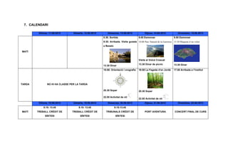 7. CALENDARI

         Dilluns, 11.06.2012      Dimarts, 12.06.2012       Dimecres, 13.06.2012             Dijous, 14.06.2012             Divendres, 15.06.2012
                                                        8.30. Sortida                   9.00 Esmorzar                   9.00 Esmorzar
                                                        9:30. Arribada. Visita guiada 10.00 Parc Natural de la Garrotxa 15.30 Maqueta d’un volcà
                                                        a Besalú

MATÍ


                                                                                        Visita al Volcà Croscat
                                                                                        13.30 Dinar de picnic           13.30 Dinar
                                                        13.30 Dinar
                                                        16:00. Orientació i orografia   16:00 La Fageda d’en Jordà      17.00 Arribada a l’institut




TARDA           NO HI HA CLASSE PER LA TARDA

                                                        20.30 Sopar                     20.30 Sopar

                                                        22.00 Activitat de nit
                                                                                        22.00 Activitat de nit
         Dilluns, 18.06.2012      Dimarts, 19.06.2012       Dimecres, 20.06.2012             Dijous, 21.06.2012             Divendres, 22.06.2012
             9.15- 13.45              9.15- 13.45                  9.15-13.45
MATÍ    TREBALL CRÈDIT DE        TREBALL CRÈDIT DE        TRIBUNALS CRÈDIT DE                PORT AVENTURA               CONCERT FINAL DE CURS
              SÍNTESI                  SÍNTESI                     SÍNTESI
 