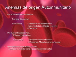 Anemias de origen Autoinmunitario Por auto-anticuerpos calientes. Primaria (Idiopática) Secundaria:  - Sindromes linfoproliferativos - Enfermedades del tejido conectivo - Fármacos Por auto-anticuerpos fríos. - Primaria (Idiopática). - Secundaria:  - Síndromes linfoproliferativos - Infecciones: Micoplasma pneumoniae Hemoglobinuria paroxística por frío. - Asociada a sífilis terciaria o post-infecciones virales 