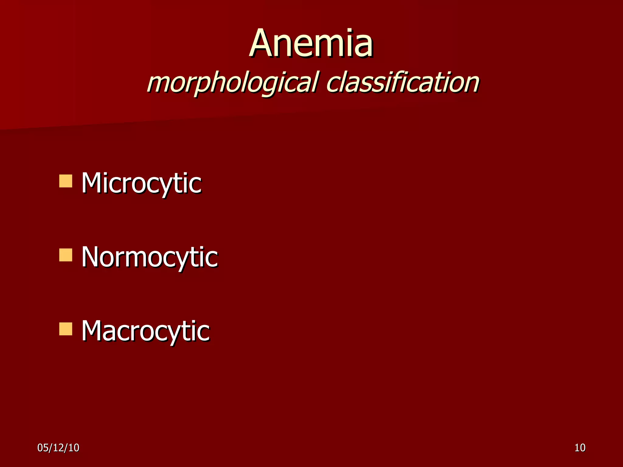 Anemia morphological classification Microcytic Normocytic Macrocytic 