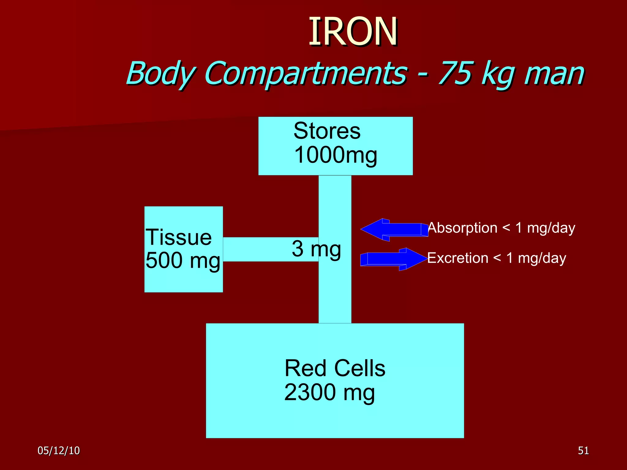 IRON Body Compartments - 75 kg man 3 mg Absorption < 1 mg/day Excretion < 1 mg/day Stores 1000mg Tissue 500 mg Red Cells 2300 mg 