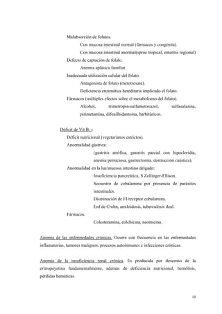 Malabsorción de folatos.
                      Con mucosa intestinal normal (fármacos y congénita).
                      Con mucosa intestinal anormal(sprue tropical, enteritis regional)
              Defecto de captación de folato.
                      Anemia aplásica familiar.
              Inadecuada utilización celular del folato.
                      Antagonista de folato (metotrexate).
                      Deficiencia enzimática hereditaria implicado el folato.
              Fármacos (múltiples efectos sobre el metabolismo del folato).
                      Alcohol,           trimetropin-sulfametoxazol,        sulfasalazina,
                      pirimetamina, difenilhidantoina, barbitúricos.


          Déficit de Vit B12:
              Déficit nutricional (vegetarianos estrictos).
              Anormalidad gástrica:
                                (gastritis atrófica, gastritis parcial con hipocloridia,
                                anemia perniciosa, gastrectomía, destrucción caústica).
              Anormalidad en la luz/mucosa intestino delgado:
                                Insuficiencia pancreática, S Zollinger-Ellison.
                                Secuestro de cobalamina por presencia de parásitos
                                intestinales.
                                Disminución de FI/receptor cobalamina.
                                Enf de Crohn, amiloidosis, tuberculosis ileal.
              Fármacos:
                                Colesteramina, colchicina, neomicina.


Anemia de las enfermedades crónicas. Ocurre con frecuencia en las enfermedades
inflamatorias, tumores malignos, procesos autoinmunes e infecciones crónicas.


Anemia de la insuficiencia renal crónica. Es producida por descenso de la
eritropoyetina fundamentalmente, además de deficiencia nutricional, hemólisis,
pérdidas hemáticas.



                                                                                       10
 