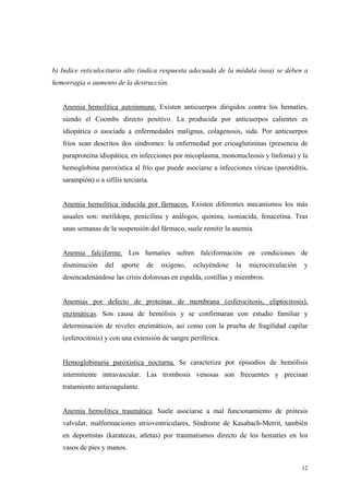 b) Indice reticulocitario alto (indica respuesta adecuada de la médula ósea) se deben a
hemorragia o aumento de la destrucción.


   Anemia hemolítica autoinmune. Existen anticuerpos dirigidos contra los hematíes,
   siendo el Coombs directo positivo. La producida por anticuerpos calientes es
   idiopática o asociada a enfermedades malignas, colagenosis, sida. Por anticuerpos
   fríos sean descritos dos síndromes: la enfermedad por crioaglutininas (presencia de
   paraproteína idiopática, en infecciones por micoplasma, mononucleosis y linfoma) y la
   hemoglobina paroxística al frío que puede asociarse a infecciones víricas (parotiditis,
   sarampión) o a sífilis terciaria.


   Anemia hemolítica inducida por fármacos. Existen diferentes mecanismos los más
   usuales son: metildopa, penicilina y análogos, quinina, isoniacida, fenacetina. Tras
   unas semanas de la suspensión del fármaco, suele remitir la anemia.


   Anemia falciforme. Los hematíes sufren falciformación en condiciones de
   disminución     del   aporte    de   oxigeno,   ocluyéndose   la   microcirculación   y
   desencadenándose las crisis dolorosas en espalda, costillas y miembros.


   Anemias por defecto de proteínas de membrana (esferocitosis, eliptocitosis),
   enzimáticas. Son causa de hemólisis y se confirmaran con estudio familiar y
   determinación de niveles enzimáticos, así como con la prueba de fragilidad capilar
   (esferocitosis) y con una extensión de sangre periférica.


   Hemoglobinuria paroxística nocturna. Se caracteriza por episodios de hemólisis
   intermitente intravascular. Las trombosis venosas son frecuentes y precisan
   tratamiento anticoagulante.


   Anemia hemolítica traumática. Suele asociarse a mal funcionamiento de prótesis
   valvular, malformaciones atrioventriculares, Síndrome de Kasabach-Merrit, también
   en deportistas (karatecas, atletas) por traumatismos directo de los hematíes en los
   vasos de pies y manos.

                                                                                         12
 