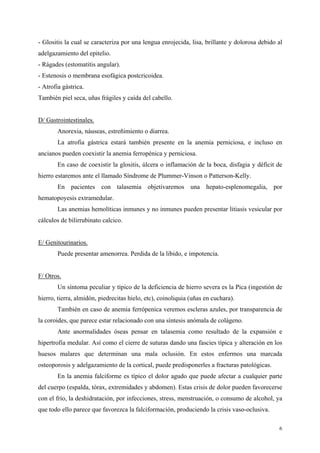 - Glositis la cual se caracteriza por una lengua enrojecida, lisa, brillante y dolorosa debido al
adelgazamiento del epitelio.
- Rágades (estomatitis angular).
- Estenosis o membrana esofágica postcricoidea.
- Atrofia gástrica.
También piel seca, uñas frágiles y caída del cabello.


D/ Gastrointestinales.
        Anorexia, náuseas, estreñimiento o diarrea.
        La atrofia gástrica estará también presente en la anemia perniciosa, e incluso en
ancianos pueden coexistir la anemia ferropénica y perniciosa.
        En caso de coexistir la glositis, úlcera o inflamación de la boca, disfagia y déficit de
hierro estaremos ante el llamado Síndrome de Plummer-Vinson o Patterson-Kelly.
        En pacientes con talasemia objetivaremos una hepato-esplenomegalia, por
hematopoyesis extramedular.
        Las anemias hemolíticas inmunes y no inmunes pueden presentar litiasis vesicular por
cálculos de bilirrubinato calcico.


E/ Genitourinarios.
        Puede presentar amenorrea. Perdida de la libido, e impotencia.


F/ Otros.
        Un síntoma peculiar y típico de la deficiencia de hierro severa es la Pica (ingestión de
hierro, tierra, almidón, piedrecitas hielo, etc), coinoliquia (uñas en cuchara).
        También en caso de anemia ferrópenica veremos escleras azules, por transparencia de
la coroides, que parece estar relacionado con una síntesis anómala de colágeno.
        Ante anormalidades óseas pensar en talasemia como resultado de la expansión e
hipertrofia medular. Así como el cierre de suturas dando una fascies típica y alteración en los
huesos malares que determinan una mala oclusión. En estos enfermos una marcada
osteoporosis y adelgazamiento de la cortical, puede predisponerles a fracturas patológicas.
        En la anemia falciforme es típico el dolor agudo que puede afectar a cualquier parte
del cuerpo (espalda, tórax, extremidades y abdomen). Estas crisis de dolor pueden favorecerse
con el frío, la deshidratación, por infecciones, stress, menstruación, o consumo de alcohol, ya
que todo ello parece que favorezca la falciformación, produciendo la crisis vaso-oclusiva.

                                                                                               6
 