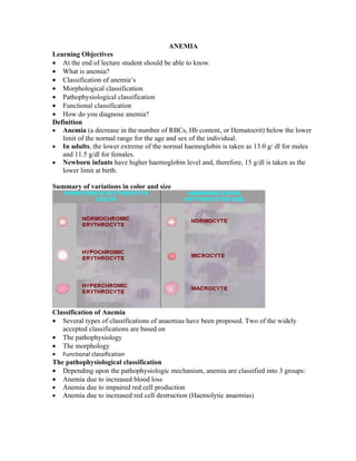 ANEMIA
Learning Objectives
• At the end of lecture student should be able to know.
• What is anemia?
• Classification of anemia‘s
• Morphological classification
• Pathophysiological classification
• Functional classification
• How do you diagnose anemia?
Definition
• Anemia (a decrease in the number of RBCs, Hb content, or Hematocrit) below the lower
   limit of the normal range for the age and sex of the individual.
• In adults, the lower extreme of the normal haemoglobin is taken as 13.0 g/ dl for males
   and 11.5 g/dl for females.
• Newborn infants have higher haemoglobin level and, therefore, 15 g/dl is taken as the
   lower limit at birth.

Summary of variations in color and size




Classification of Anemia
• Several types of classifications of anaemias have been proposed. Two of the widely
   accepted classifications are based on
• The pathophysiology
• The morphology
•   Functional classification
The pathophysiological classification
• Depending upon the pathophysiologic mechanism, anemia are classified into 3 groups:
• Anemia due to increased blood loss
• Anemia due to impaired red cell production
• Anemia due to increased red cell destruction (Haemolytic anaemias)
 