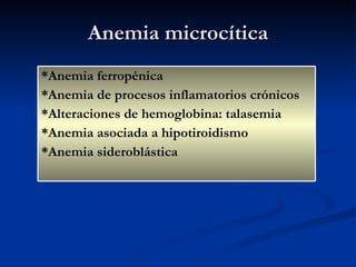Anemia microcítica *Anemia ferropénica *Anemia de procesos inflamatorios crónicos *Alteraciones de hemoglobina: talasemia *Anemia asociada a hipotiroidismo *Anemia sideroblástica 