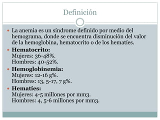Definición
 La anemia es un síndrome definido por medio del
hemograma, donde se encuentra disminución del valor
de la hemoglobina, hematocrito o de los hematíes.
 Hematocrito:
Mujeres: 36-48%.
Hombres: 40-52%.
 Hemoglobinemia:
Mujeres: 12-16 g%.
Hombres: 13, 5-17, 7 g%.
 Hematíes:
Mujeres: 4-5 millones por mm3.
Hombres: 4, 5-6 millones por mm3.
 