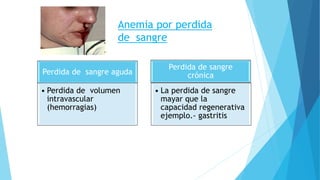 Anemia por perdida 
de sangre 
Perdida de sangre aguda 
• Perdida de volumen 
intravascular 
(hemorragias) 
Perdida de sangre 
crónica 
• La perdida de sangre 
mayar que la 
capacidad regenerativa 
ejemplo.- gastritis 
 