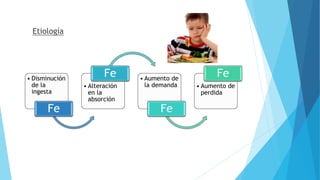 Etiología 
• Disminución 
de la 
ingesta 
Fe 
Fe • Aumento de 
• Alteración 
en la 
absorción 
la demanda 
Fe 
Fe 
• Aumento de 
perdida 
 