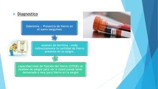  Diagnostico 
Sideremia .- Presencia de hierro en 
el suero sanguíneo 
examen de ferritina .-mide 
indirectamente la cantidad de hierro 
presente en la sangre. 
capacidad total de fijación del hierro (CFH)Es un 
examen de sangre para ver si usted puede tener 
demasiado o muy poco hierro en la sangre 
 