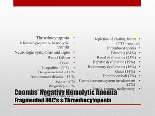 Coombs’ Negative Hemolytic Anemia
Fragmented RBC’s & Thrombocytopenia
TTP-HUS
•Thrombocytopenia
•Microangiopathic hemolytic
anemia
•Neurologic symptoms and signs
•Renal failure
•Fever
•Idiopathic - 37 %
Drug-associated - 13 %
Autoimmune disease - 13 %
Sepsis - 9 %
Pregnancy - 7 %
Bloody diarrhea - 6 %
Hematopoietic cell
transplantation - 4 %
DIC
•Depletion of clotting factor
(TTP – normal)
•Thrombocytopenia
•Bleeding (64%)
•Renal dysfunction (25%)
•Hepatic dysfunction (19%)
•Respiratory dysfunction (16%)
•Shock (14%)
•Thromboemboli (7%)
•Central nervous system involvement
(2%)
•Sepsis, trauma, malignancy
 